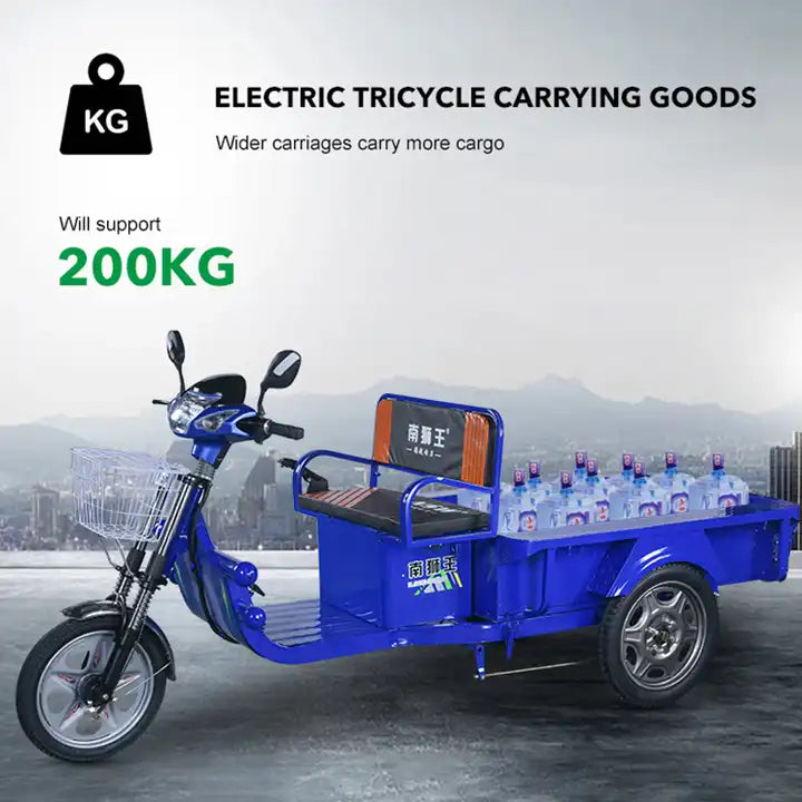 Blue electric tricycle with cargo area on a gray background, displaying weight capacity information.