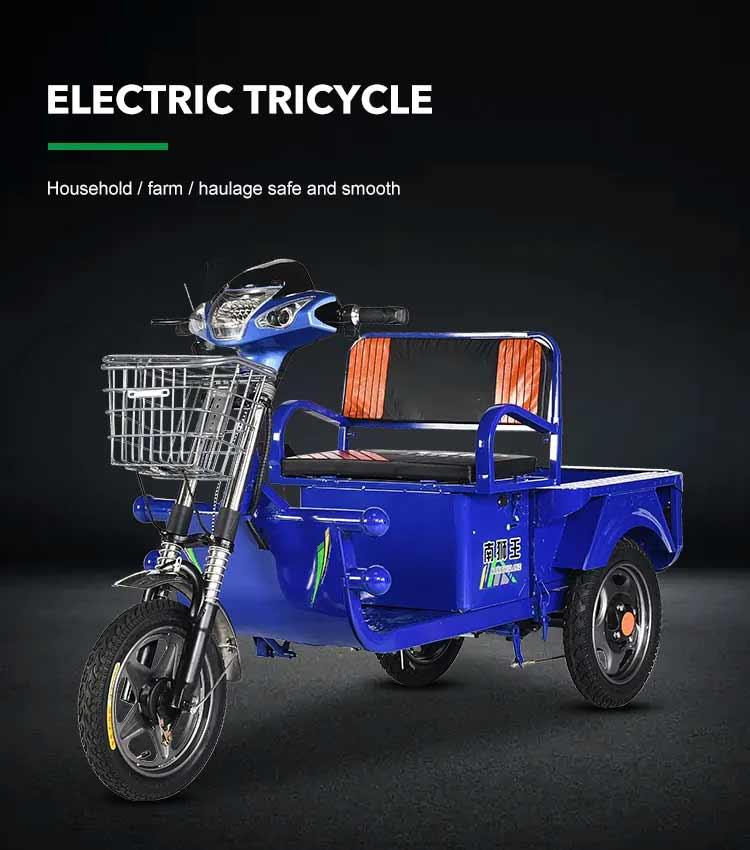 Blue electric tricycle with a basket and seat on a dark background