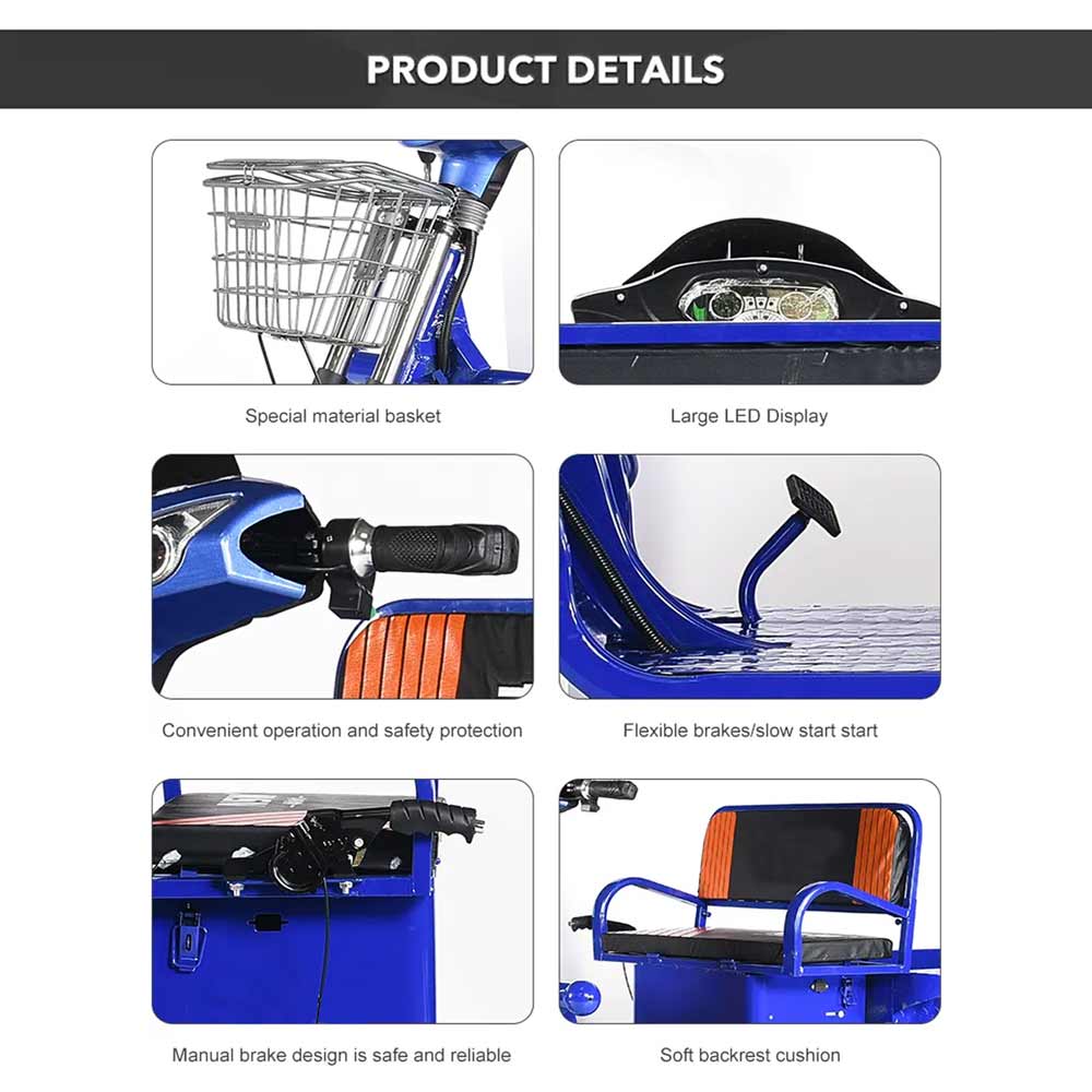 Product details of a blue scooter with various features highlighted.