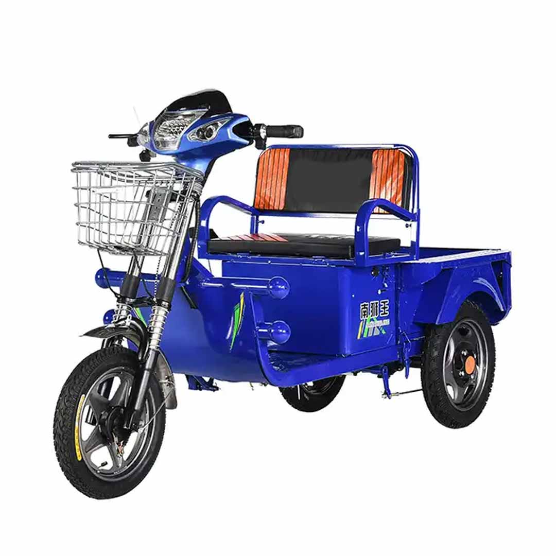 Blue electric tricycle with a basket and seat on a white background
