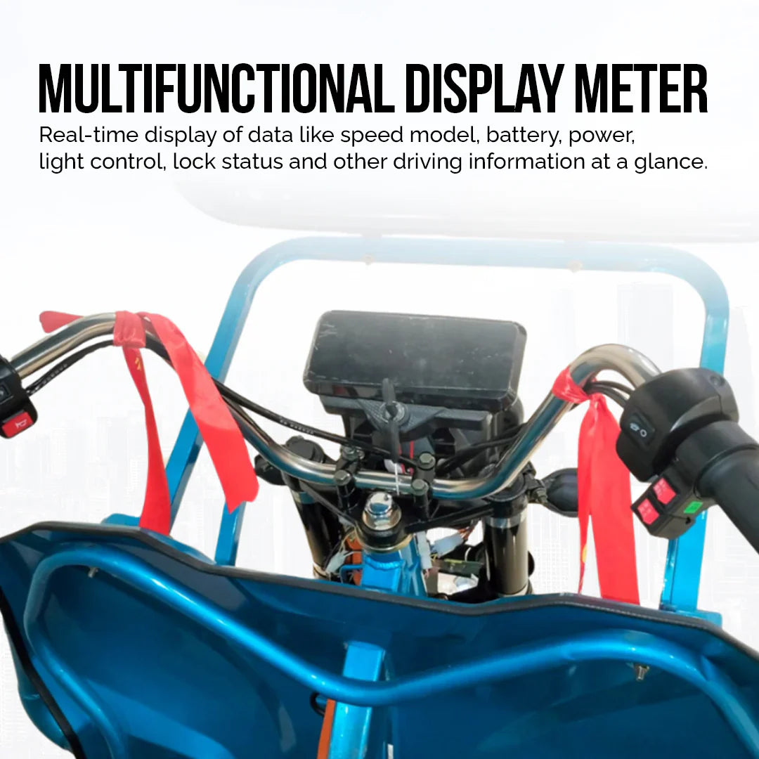 Multifunctional display meter on a blue electric bike with text describing its features.