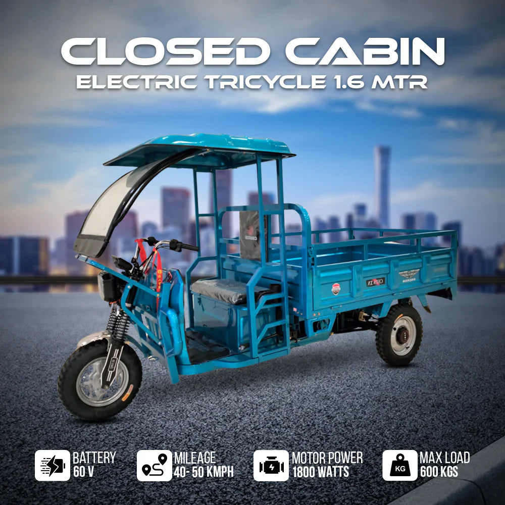 Blue electric tricycle with closed cabin on a cityscape background