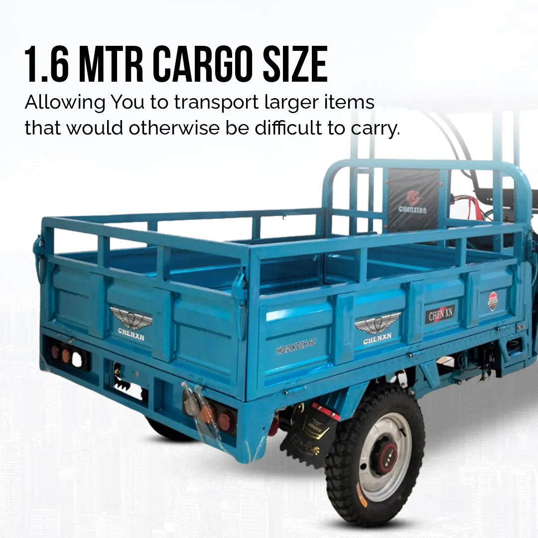 Blue cargo trailer with text highlighting its cargo size capacity.