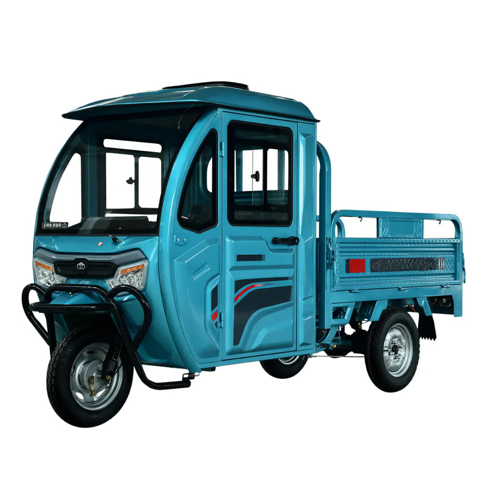 Blue three-wheeled vehicle with a cargo bed on a white background