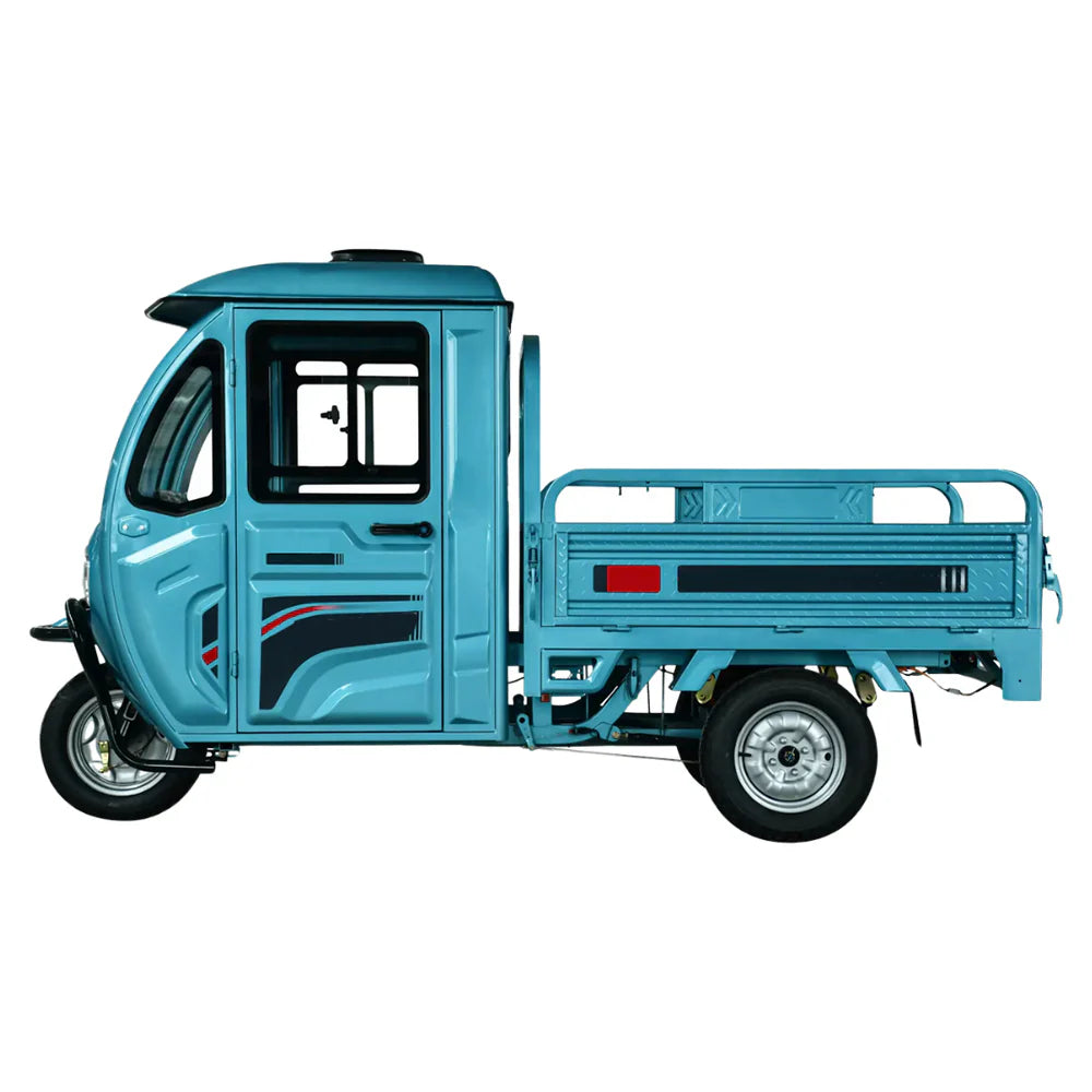 Blue three-wheeled motor vehicle with a cargo bed on a white background