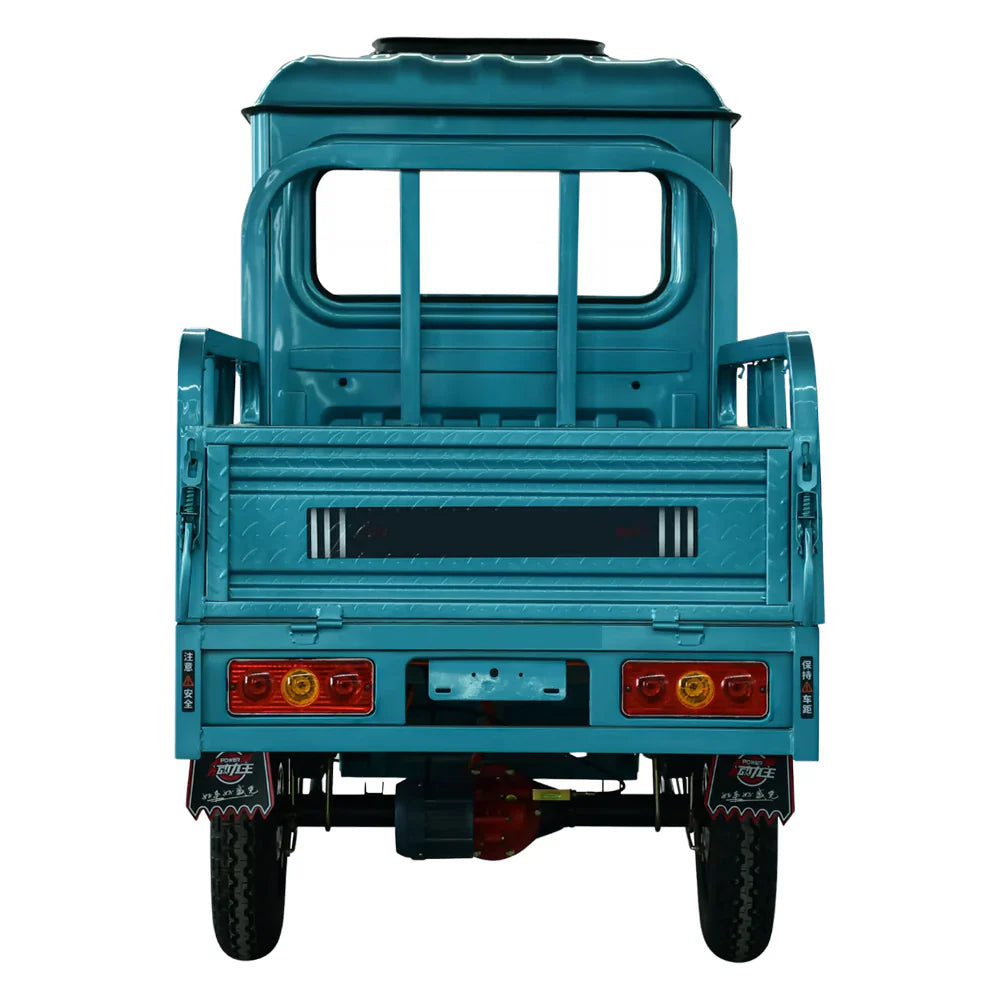 Blue three-wheeler vehicle on a white background
