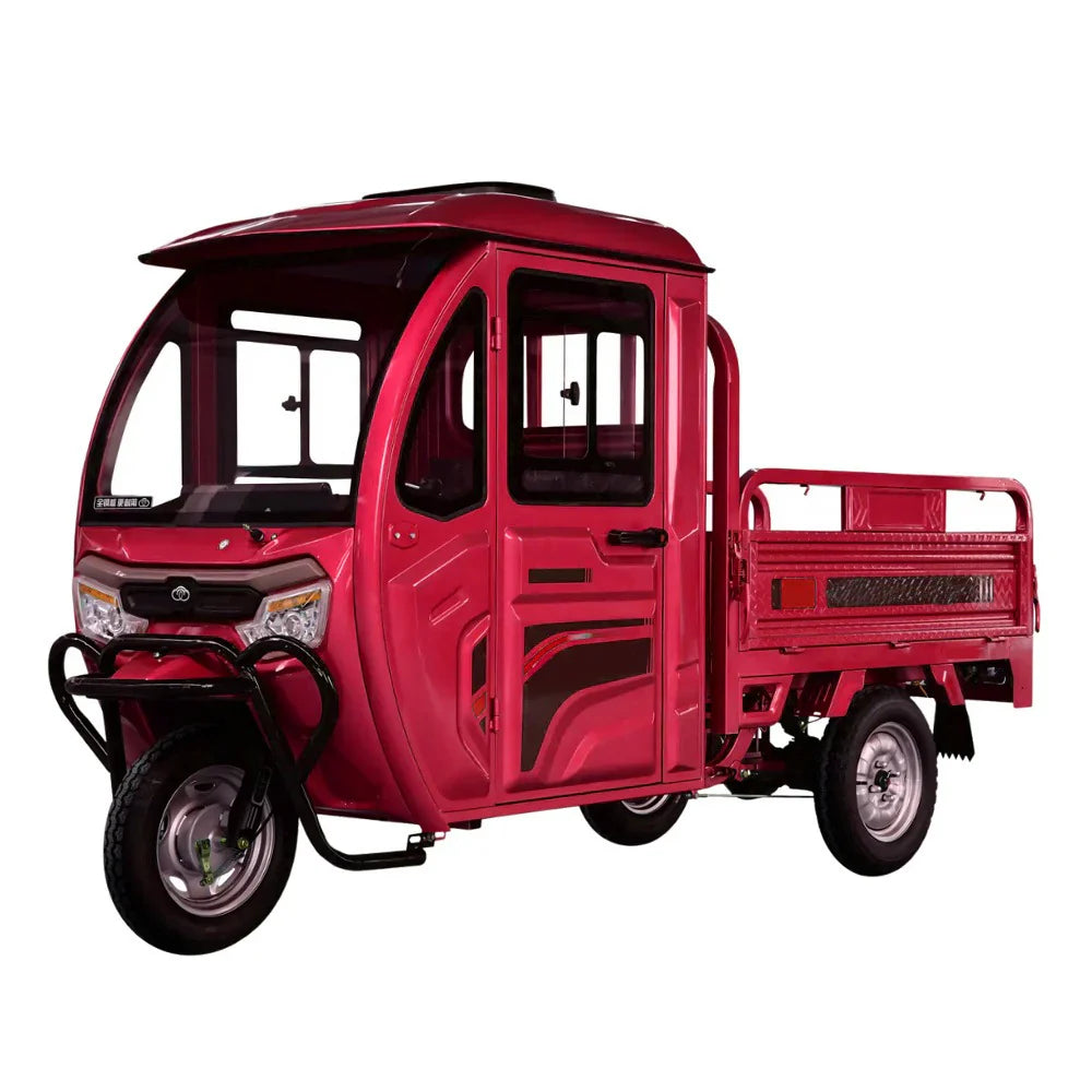 Red three-wheeled vehicle with a cargo bed on a white background