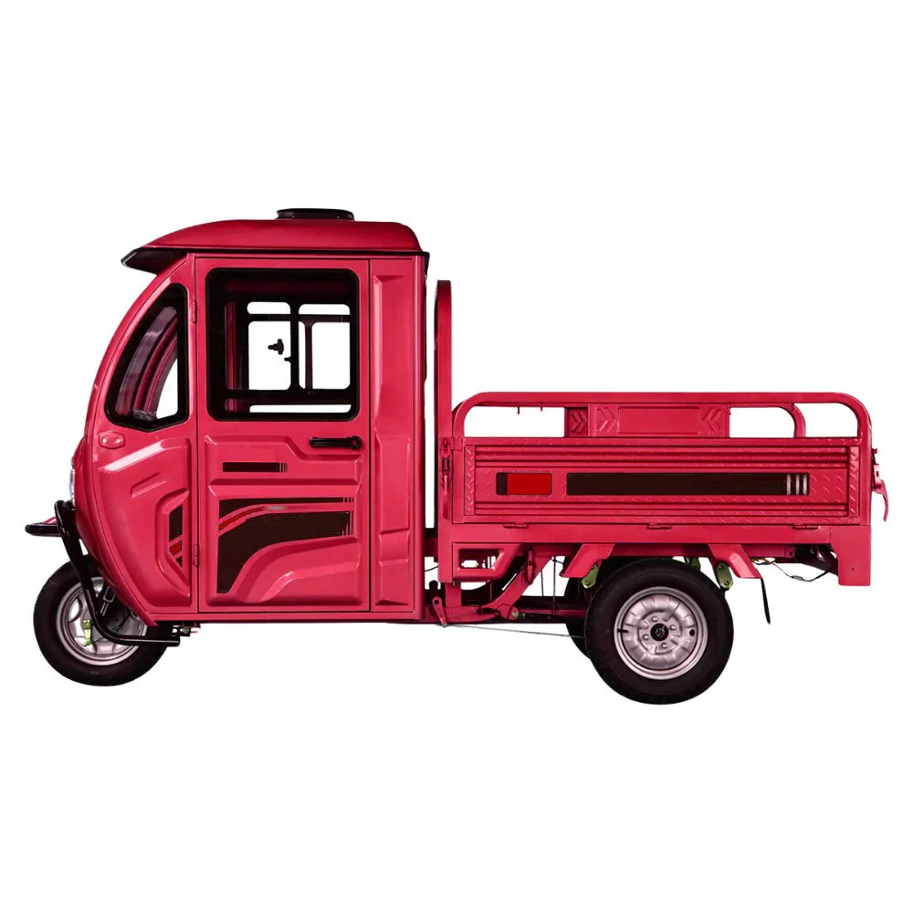 Red three-wheeled motor vehicle on a white background