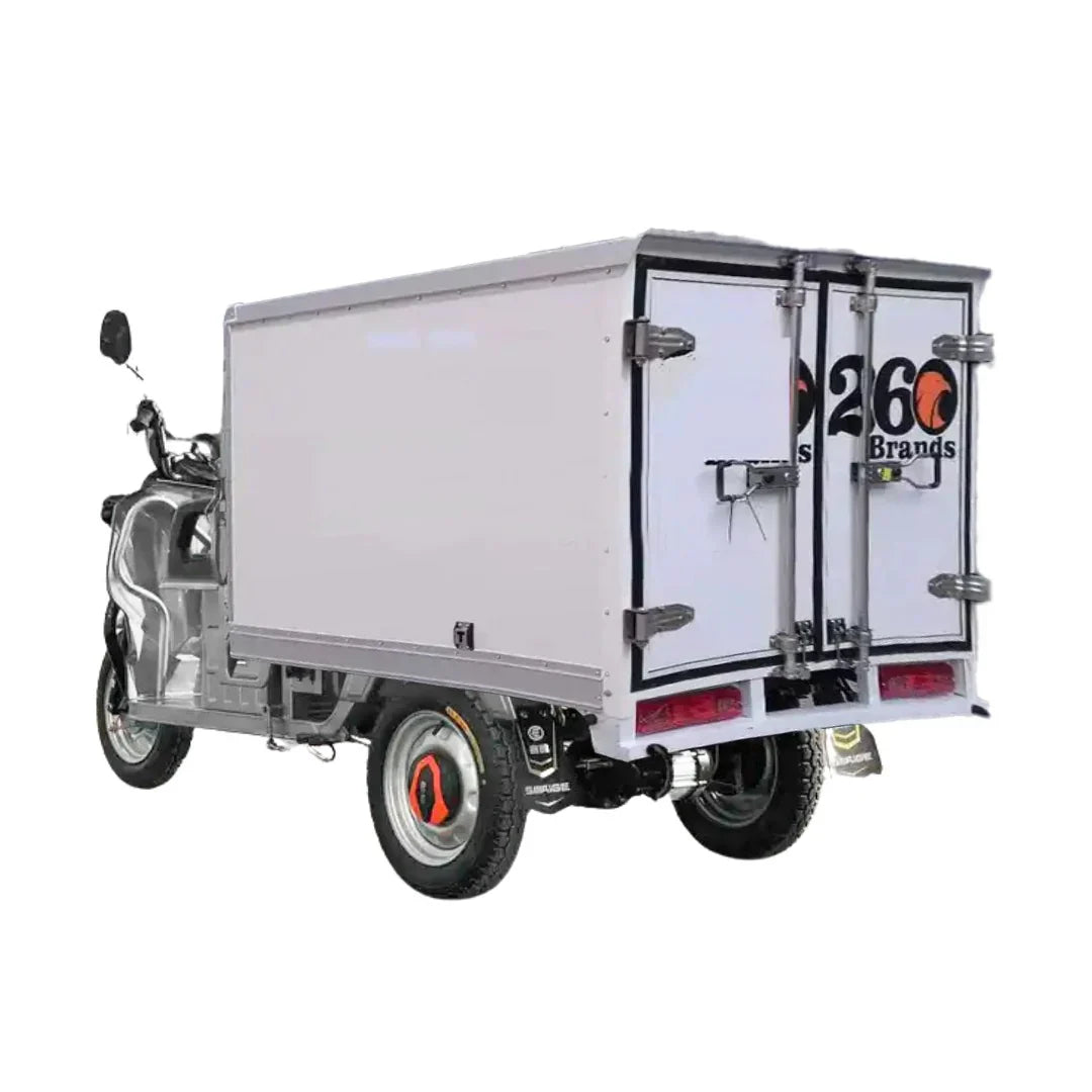 Small trailer with a closed cargo box on a white background