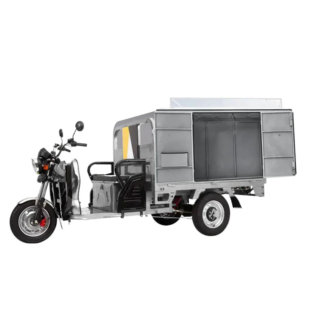 Three-wheeled cargo motorcycle with a enclosed cargo area on a white background