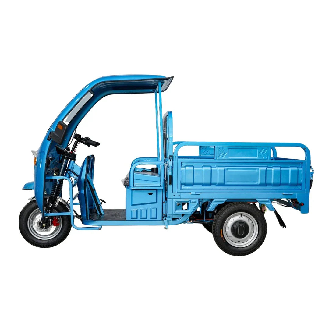Blue cargo tricycle on a white background