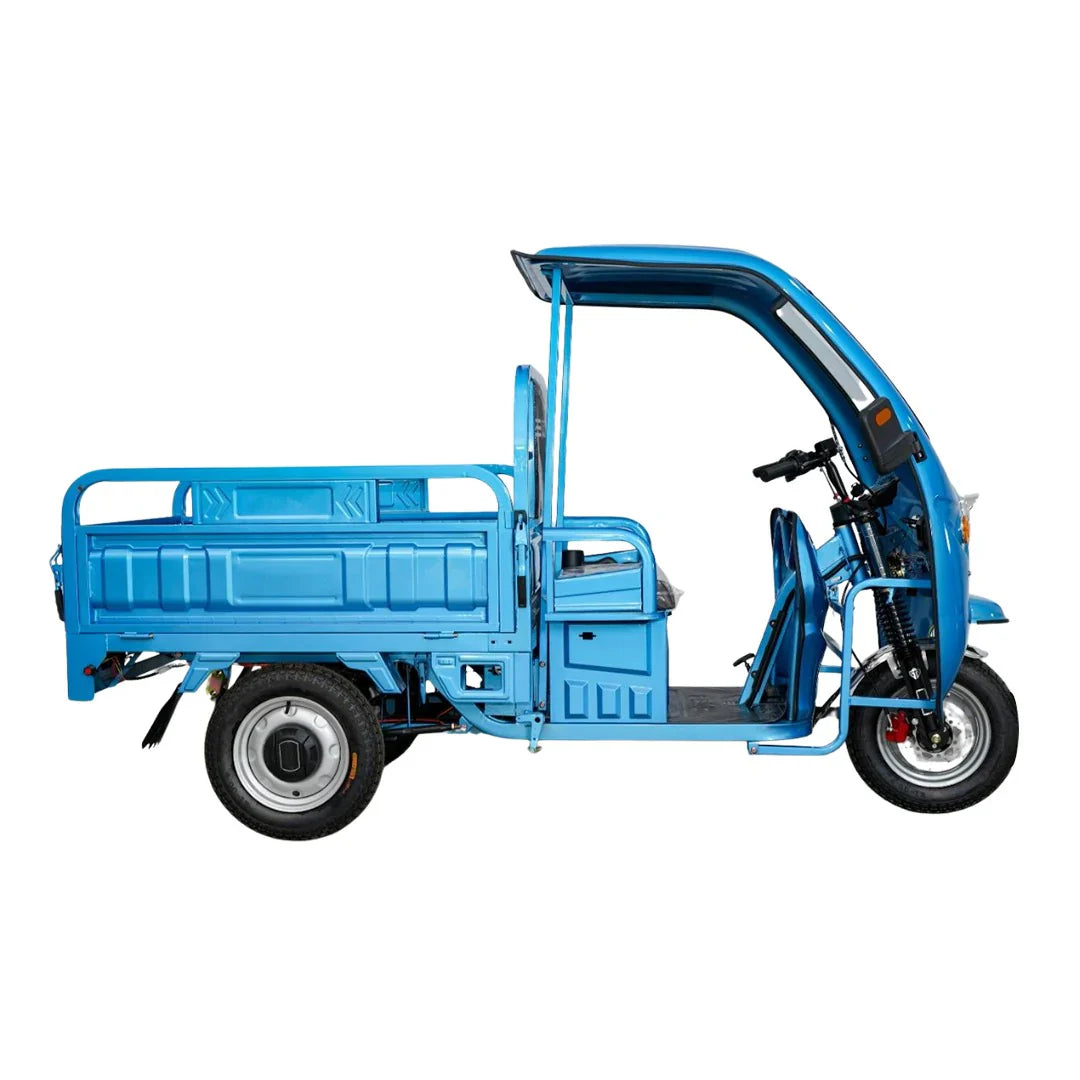 Blue cargo tricycle on a white background