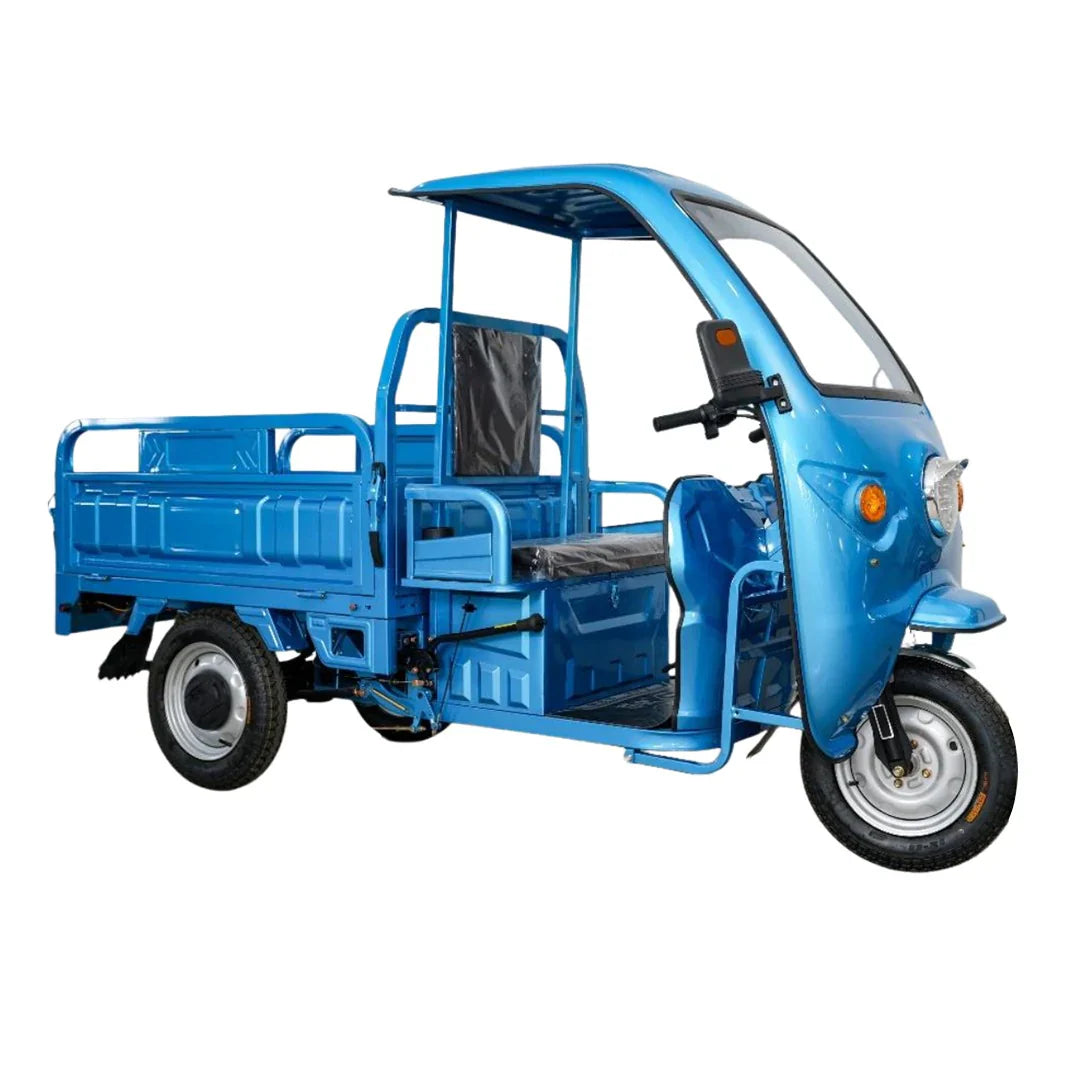 Blue three-wheeled motor vehicle on a white background