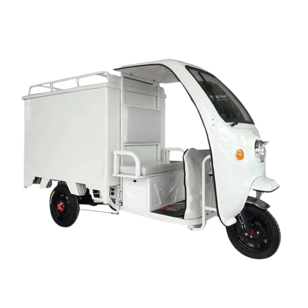 White three-wheeled motor vehicle with a cargo box on a white background