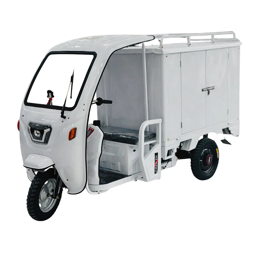 White three-wheeled vehicle with cargo area on a white background