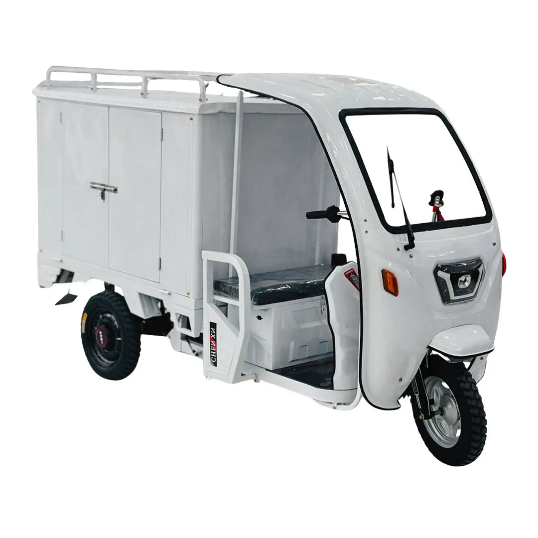 White three-wheeled vehicle with a cargo area on a white background