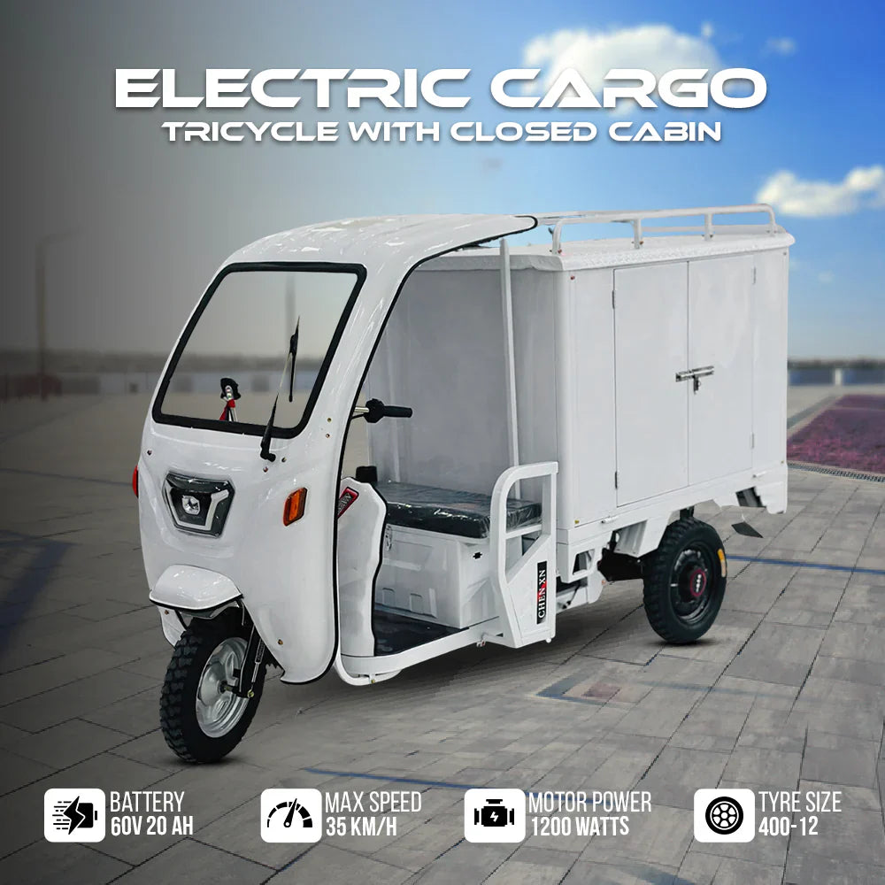 Electric cargo tricycle with closed cabin on a city street