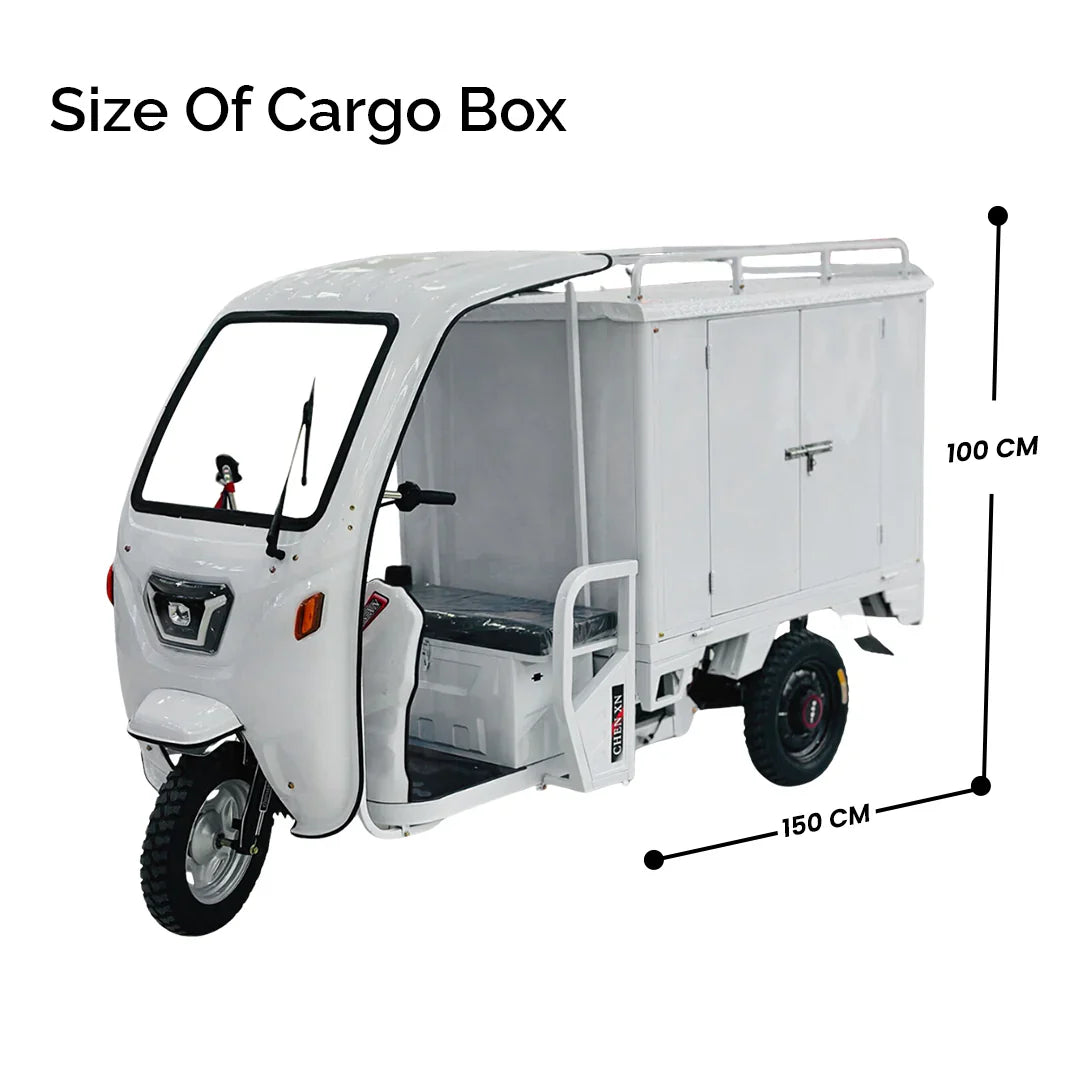 White cargo tricycle with dimensions labeled on a white background