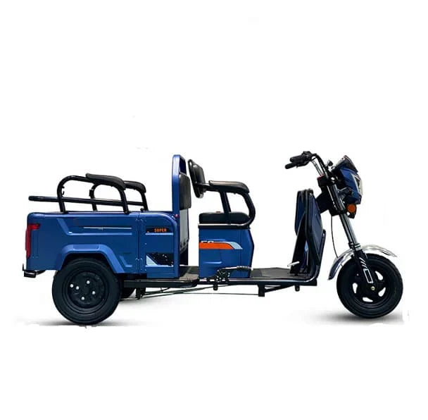 Blue electric tricycle with a cargo bed on a white background