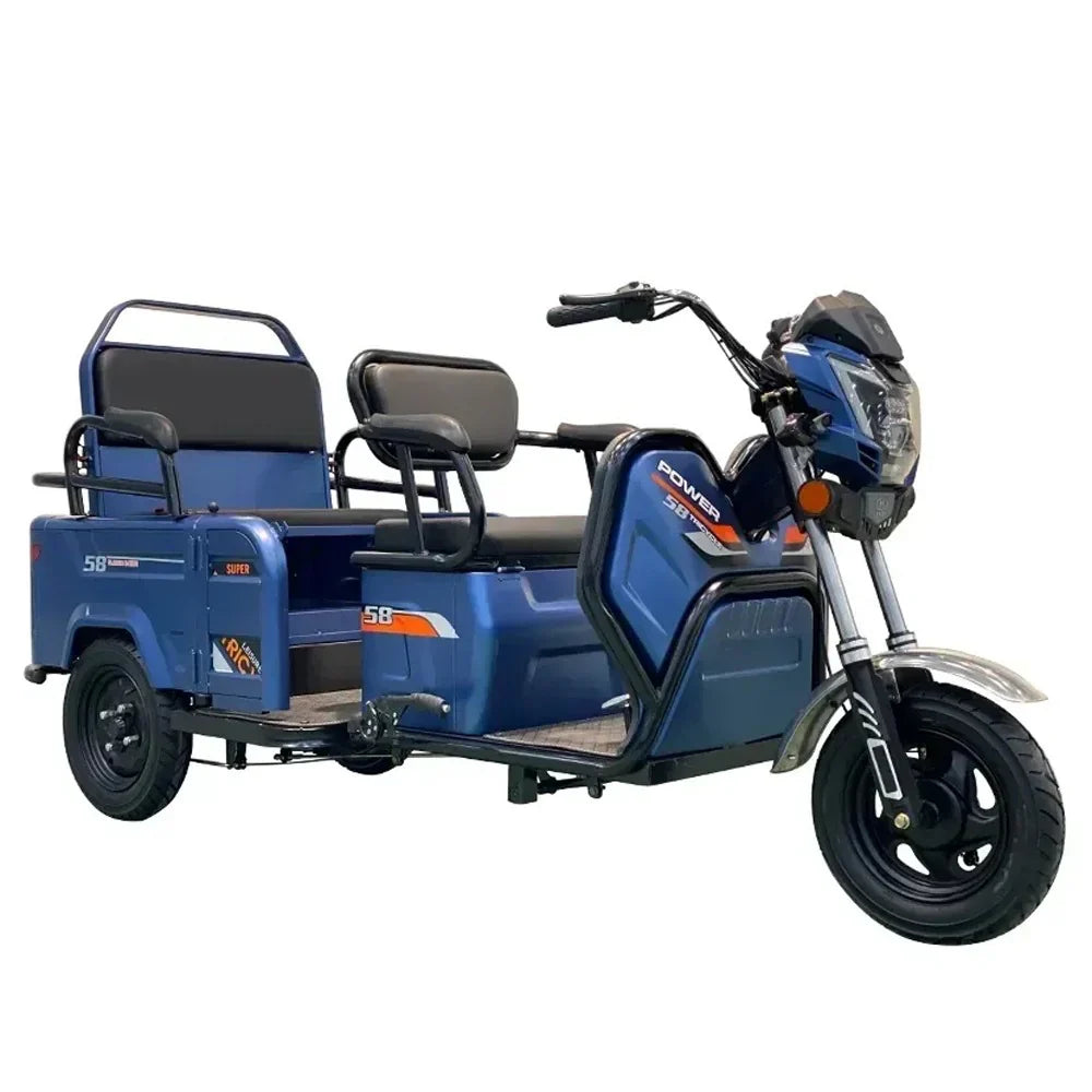 Blue electric tricycle with two seats on a white background