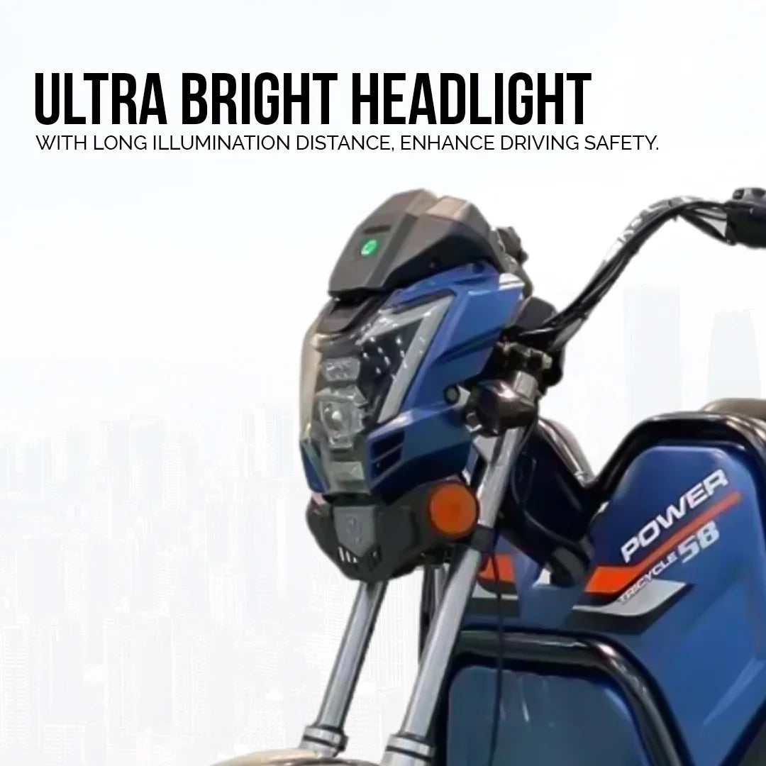 Motorcycle with ultra bright headlight on a white background