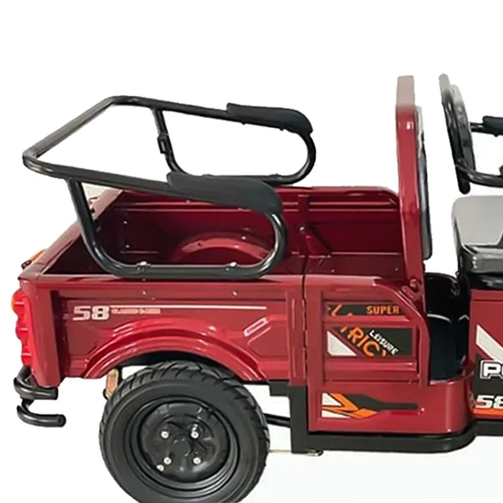 Red toy truck with black seat and visible branding on a white background