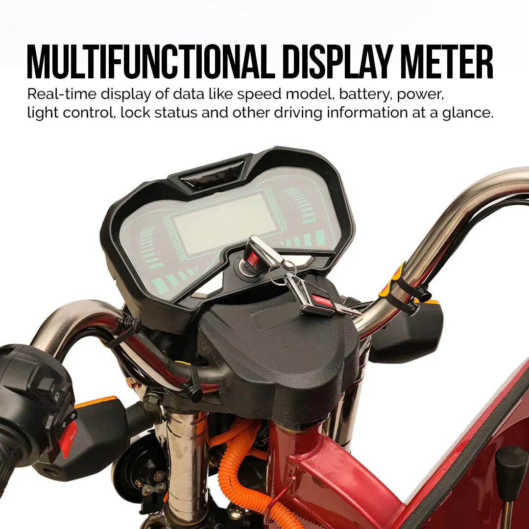 Multifunctional display meter on a scooter with text describing its features.