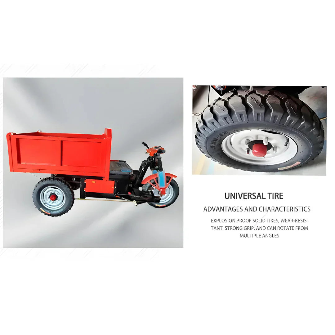 Red cargo tricycle with a close-up of a tire on a white background