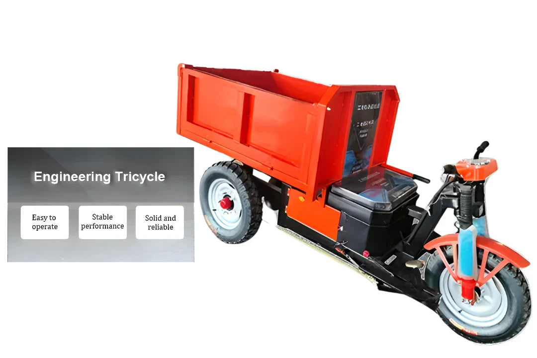 Engineering tricycle with a red cargo box on a white background