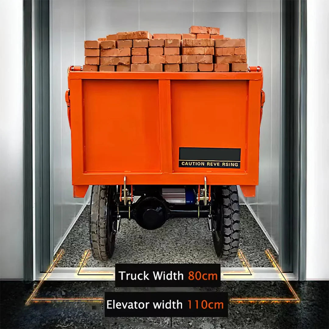 Orange truck with bricks inside an elevator, showing truck width and elevator width dimensions.
