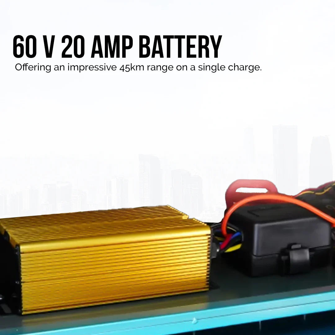 60 V 20 Amp battery with charging cable on a white background