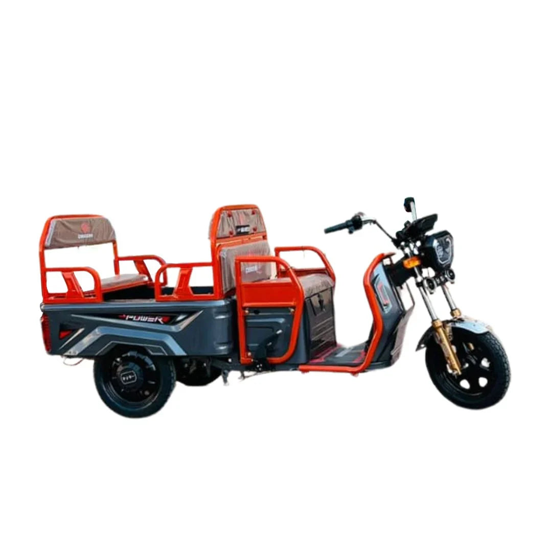 Orange and black electric tricycle with a cargo bed on a white background