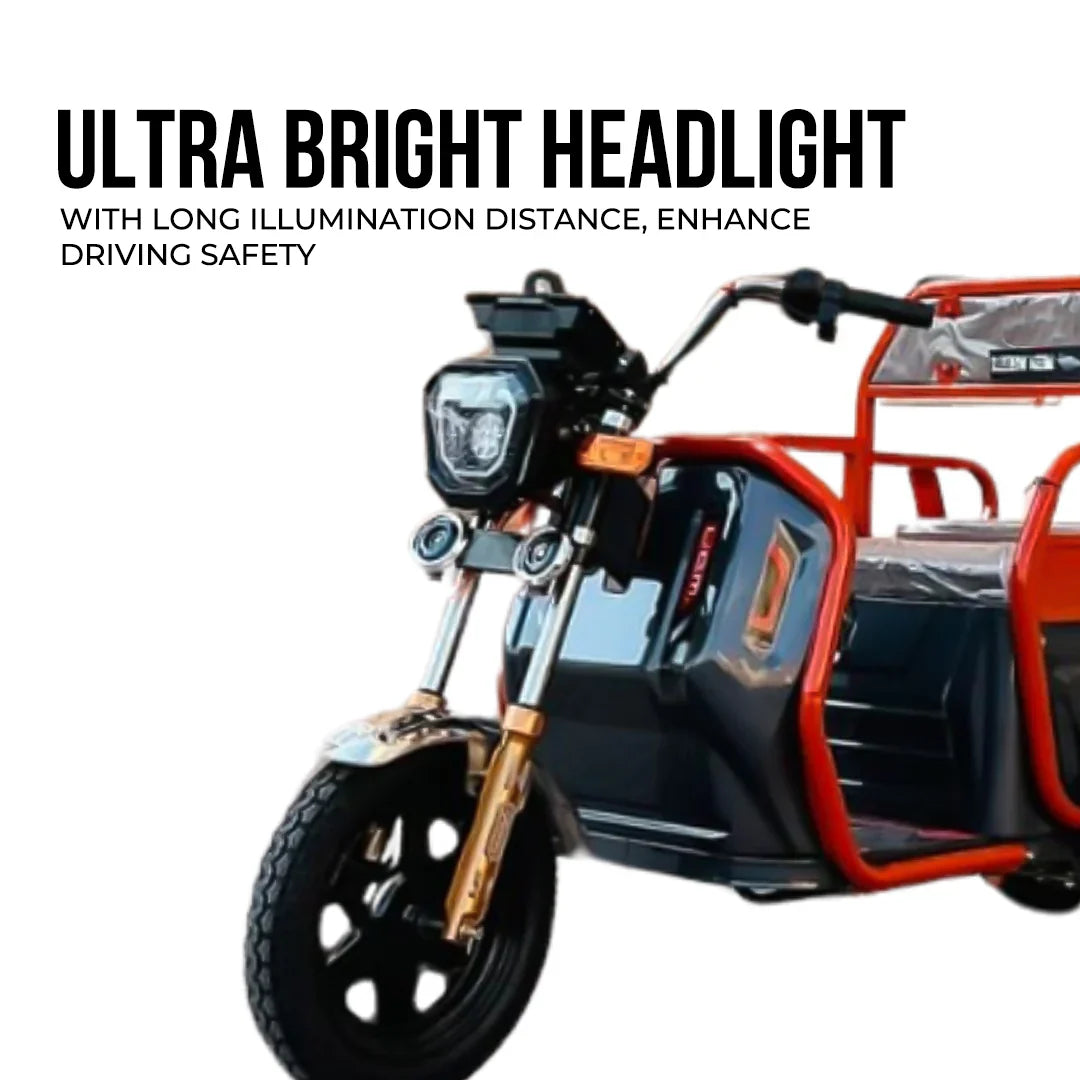 Motorcycle with ultra bright headlight feature on a white background
