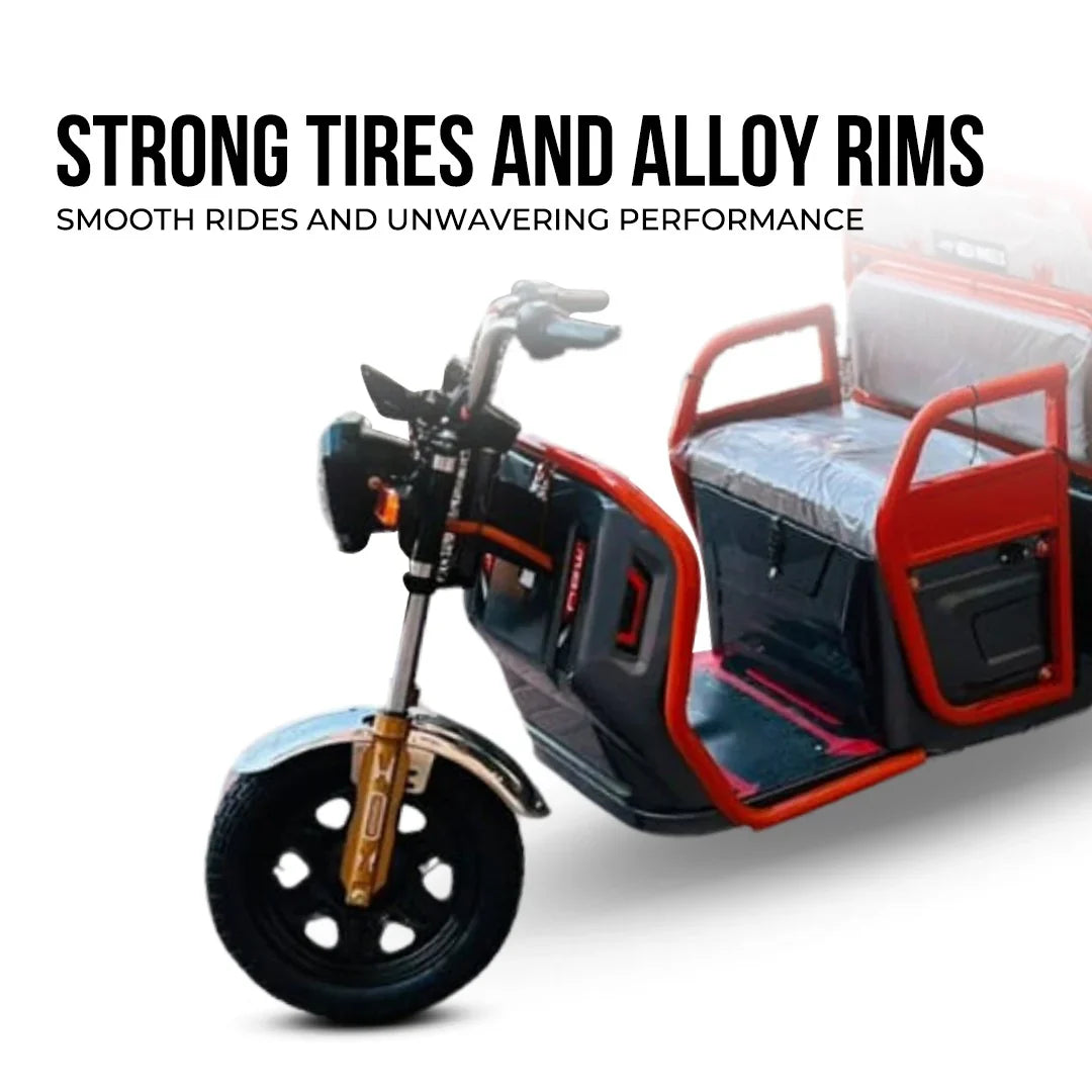 Motorized rickshaw with strong tires and alloy rims on a white background
