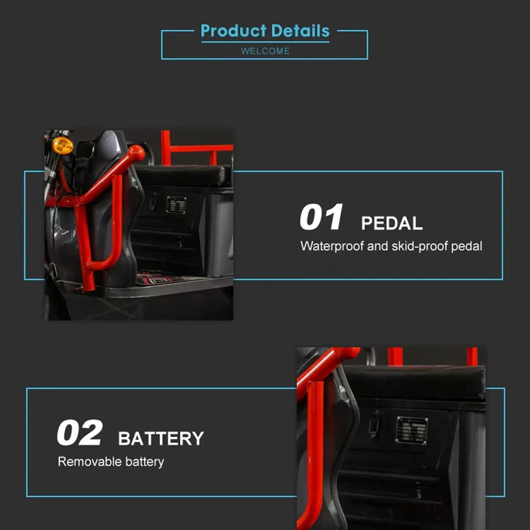 Product details of a device with a pedal and removable battery on a dark background.