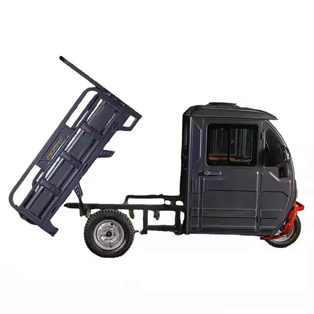Black cargo bike with a large storage compartment on a white background