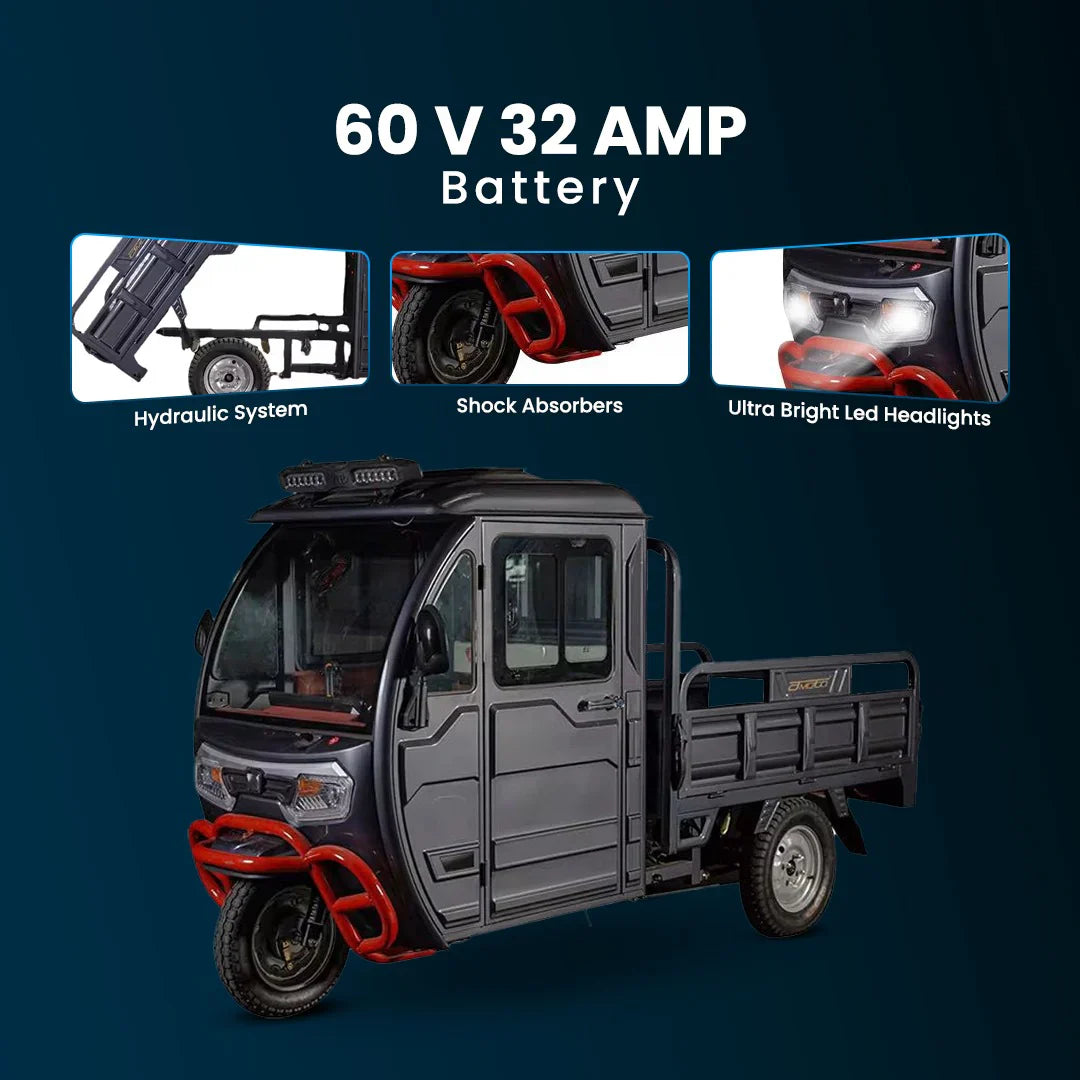 Three-wheeled vehicle with 60 V 32 Amp battery features on a dark blue background