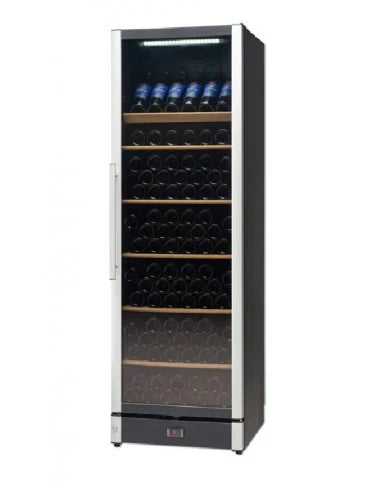 Wine cooler with bottles inside on a white background