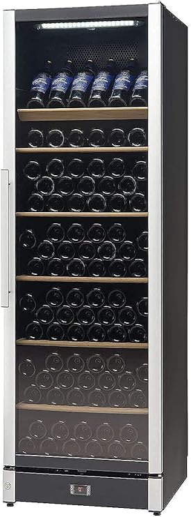 Tall wine cooler filled with bottles on a black background