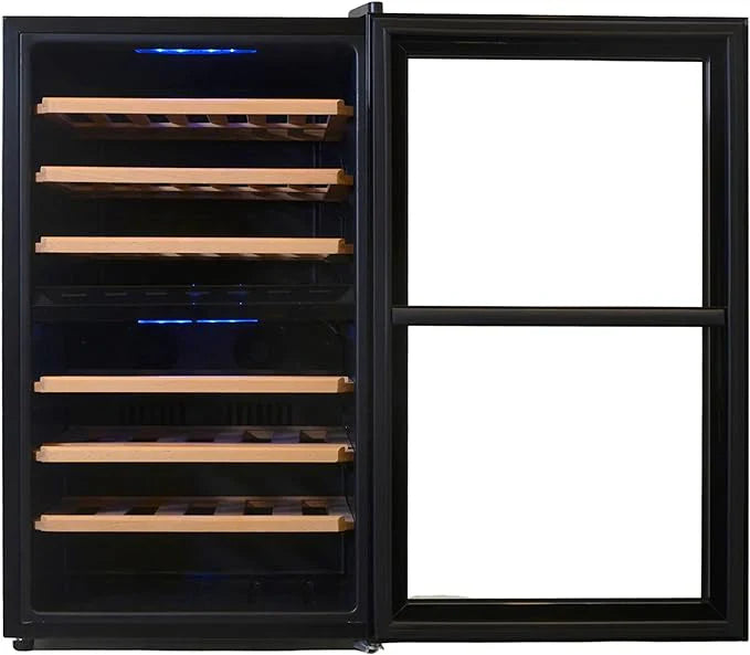 Black wine cooler with open door revealing wooden shelves on a white background