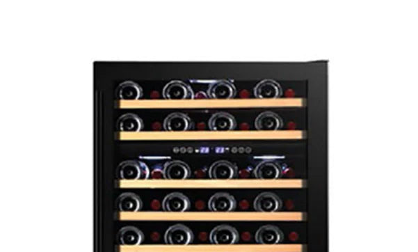 Wine cooler with multiple wine bottles inside on a white background