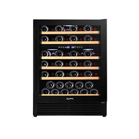 Wine cooler with multiple shelves filled with wine bottles on a white background