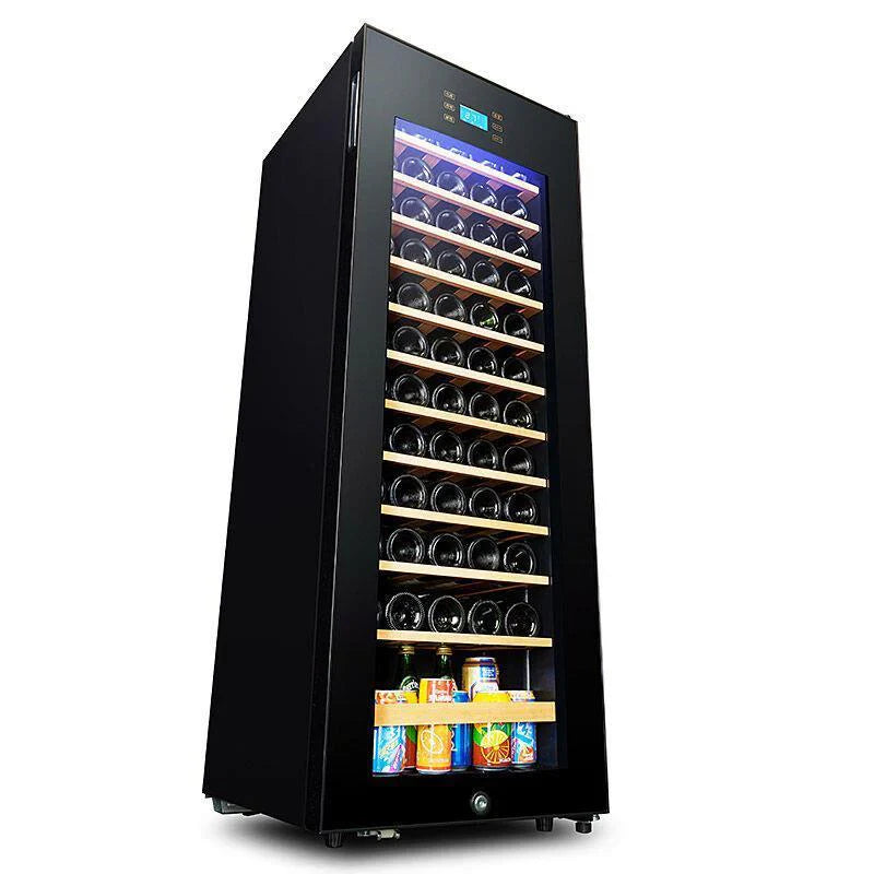 Black wine cooler with glass door displaying bottles and cans on a white background