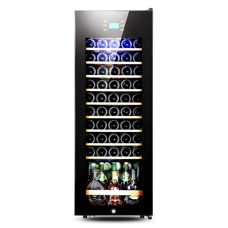 Wine cooler with bottles inside on a white background
