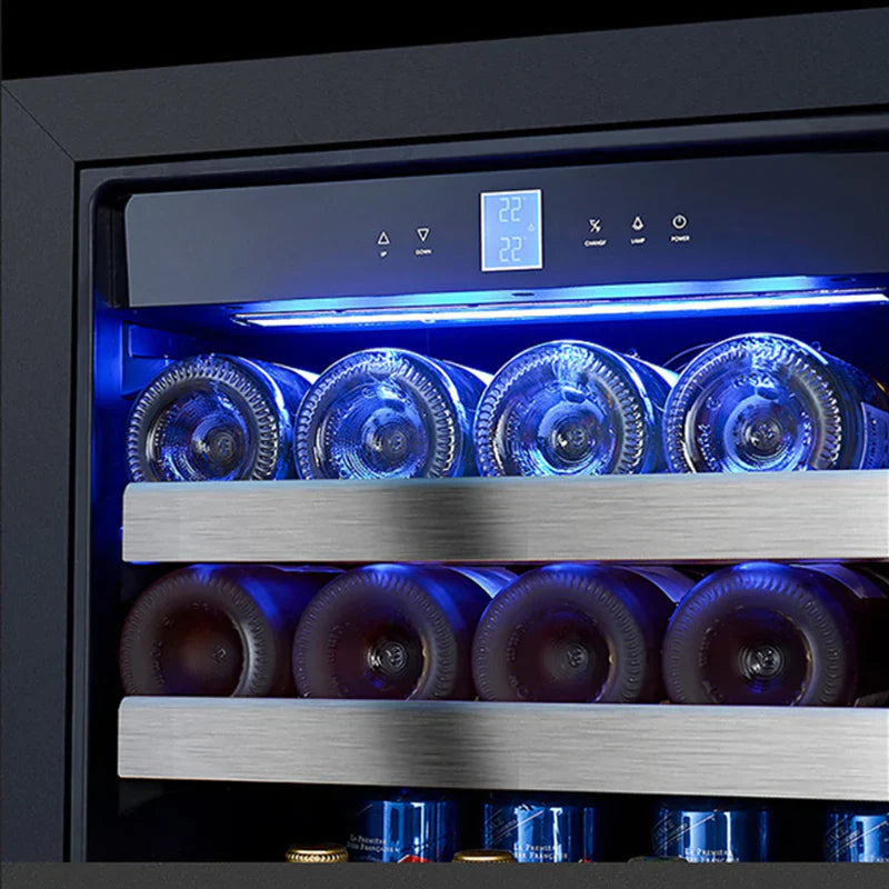 Wine cooler with bottles inside, illuminated by blue lights.