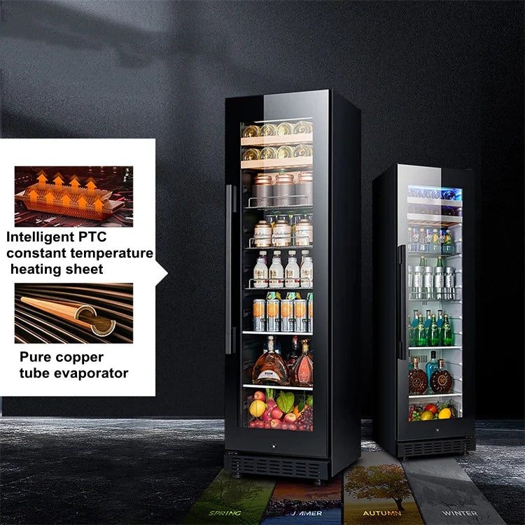 Two black beverage coolers with shelves of drinks and fruits on a dark background, featuring text about heating technology.