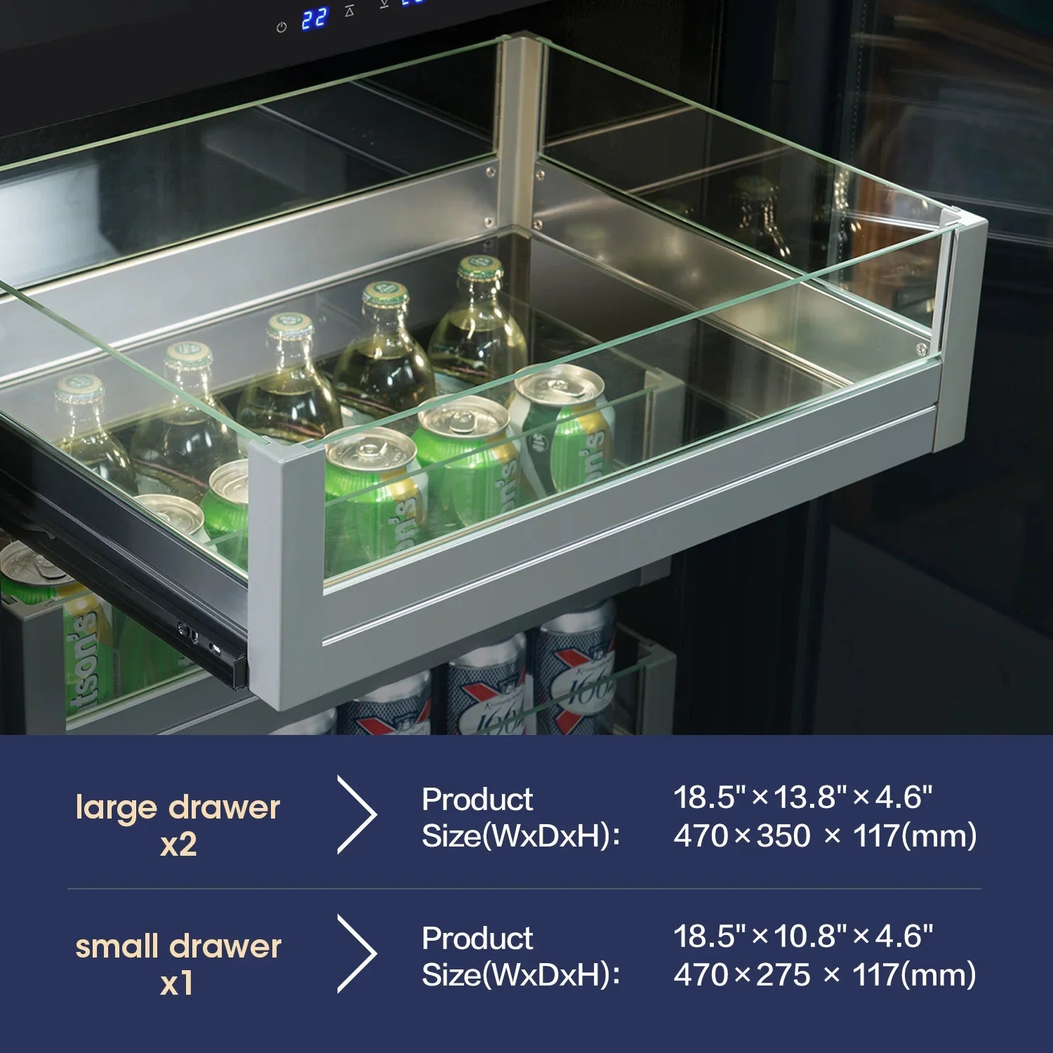 Beverage cooler with glass door displaying green bottles and cans, with product dimensions shown below.