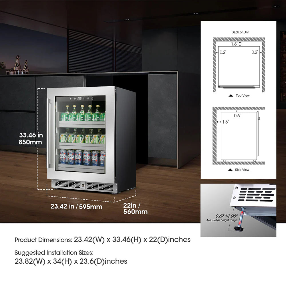Beverage cooler with dimensions and installation suggestions on a kitchen counter.