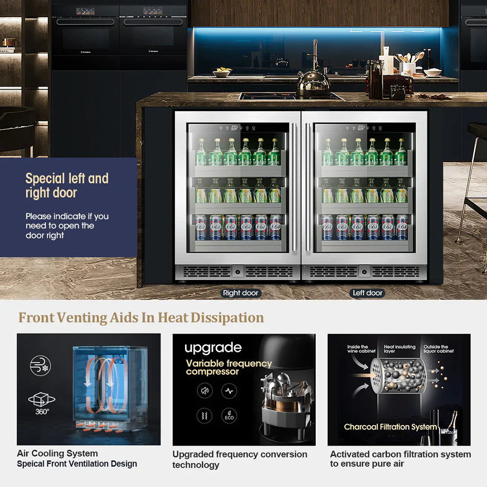 Modern kitchen with a double-door refrigerator filled with bottles, featuring text and graphics about its features.