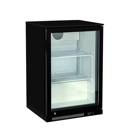 Black refrigerator with glass door on a white background